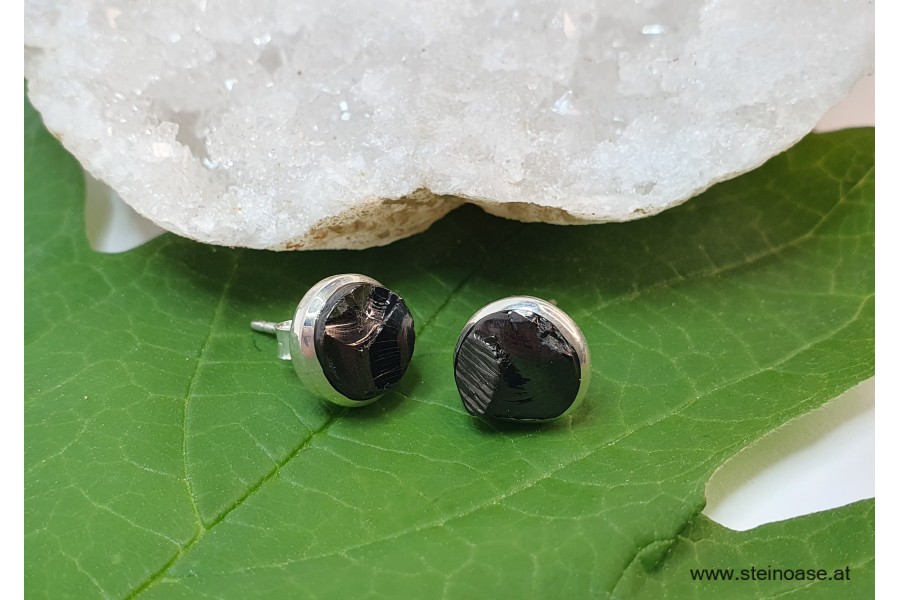 Ohrstecker Edel-Schungit mit Silberfassung, Natur, 10mm
